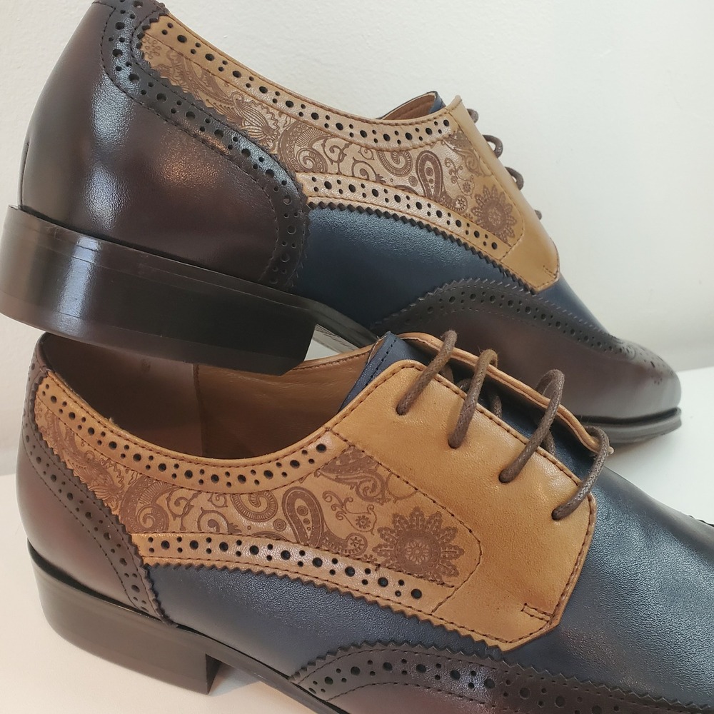 Mens Tri-Color Leathet Wingtip Oxford Dress Shoes Paisley Brogue Navy Tan 13.5